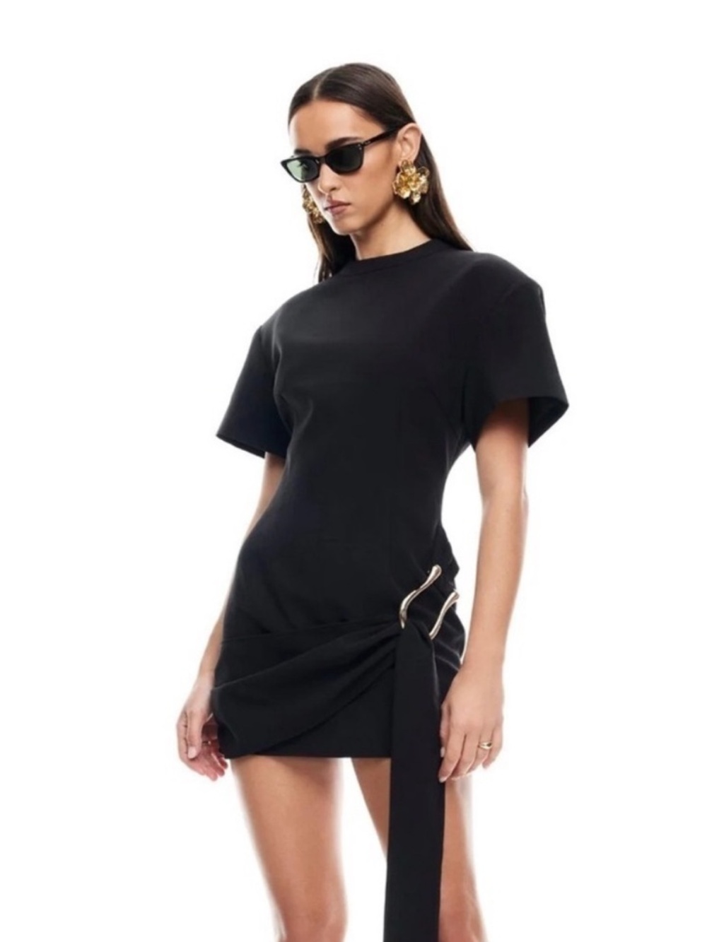 Lioness Black Short Sleeve Mini Dress with Ring Drape (Work Once)